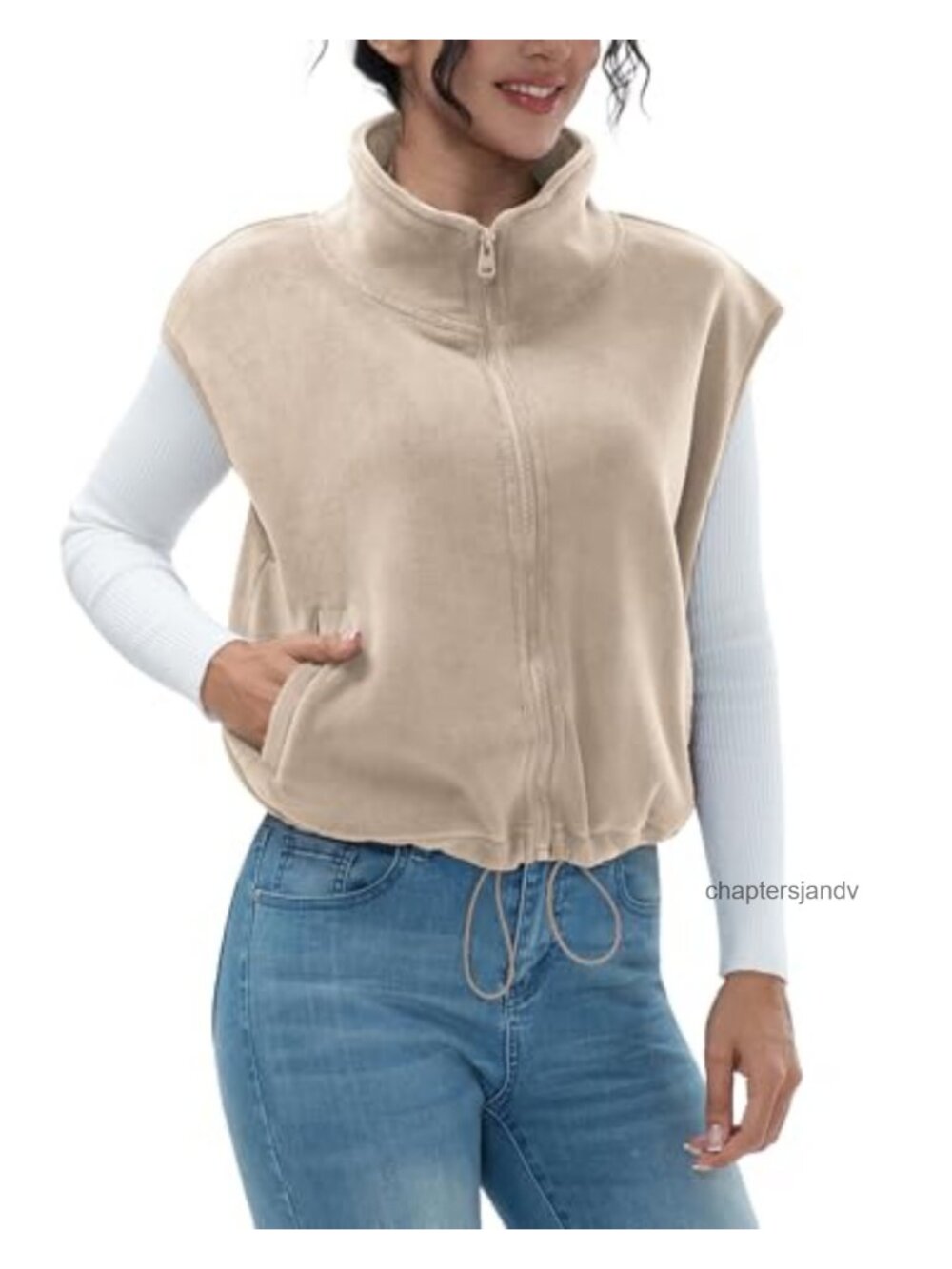 Full Zip Fleece Short Vest Stand Collar Crop Coat Sleeveless Winter